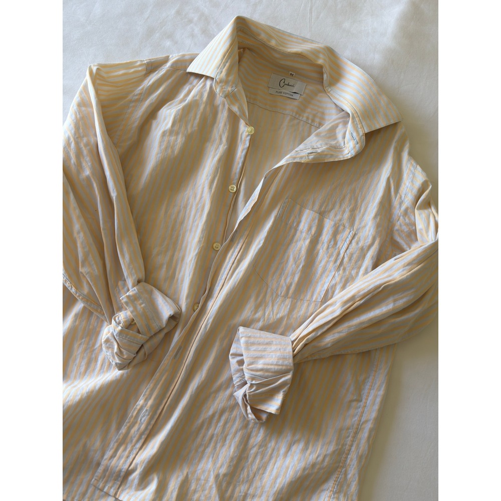 Carducci Mens Vintage Yellow White Striped Pure Cotton Button Down Shirt Size 44